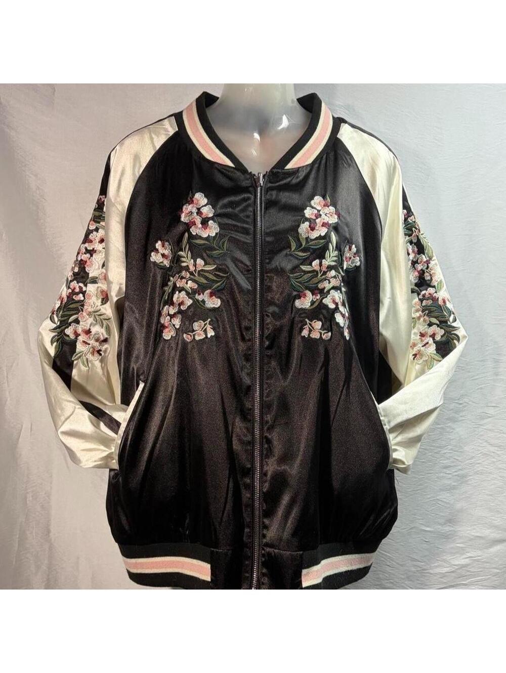 Venus y2k Reversible Black, white & pink Satin bomber jacket floral embroidery.